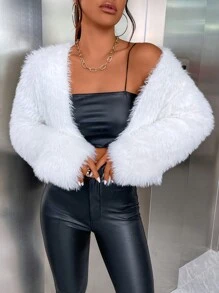 SHEIN Privé Fluffy Knit Drop Shoulder Cardigan, Fall And Winter,Grunge, Casual, WhitePlushFluffy, Longsleeve, Baggy - White - View 6