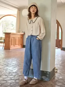 DAZY Pantalones Vaqueros De Doble Bolsillo Con Cintura Elástica Trasera - Azul lavado medio - Ver 4