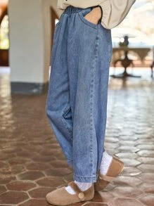 DAZY Pantalones Vaqueros De Doble Bolsillo Con Cintura Elástica Trasera - Azul lavado medio - Ver 7