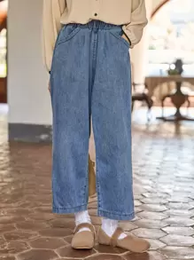 DAZY Pantalones Vaqueros De Doble Bolsillo Con Cintura Elástica Trasera - Azul lavado medio - Ver 8