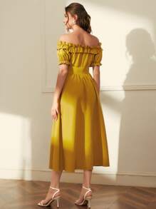 Modelyn Off Shoulder Frill Trim Grommet Lace Up Dress - Yellow - View 3