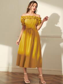 Modelyn Off Shoulder Frill Trim Grommet Lace Up Dress - Yellow - View 1