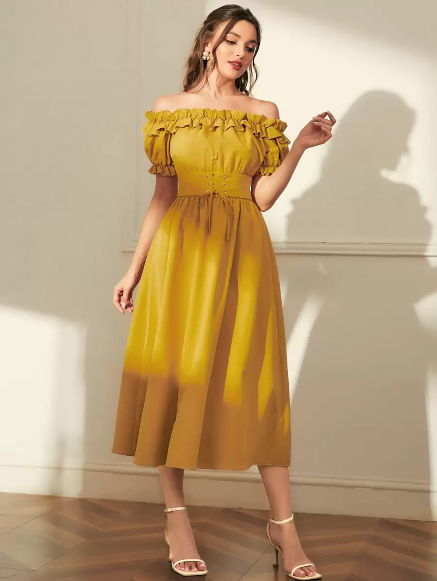 Modelyn Off Shoulder Frill Trim Grommet Lace Up Dress - Yellow - View 1
