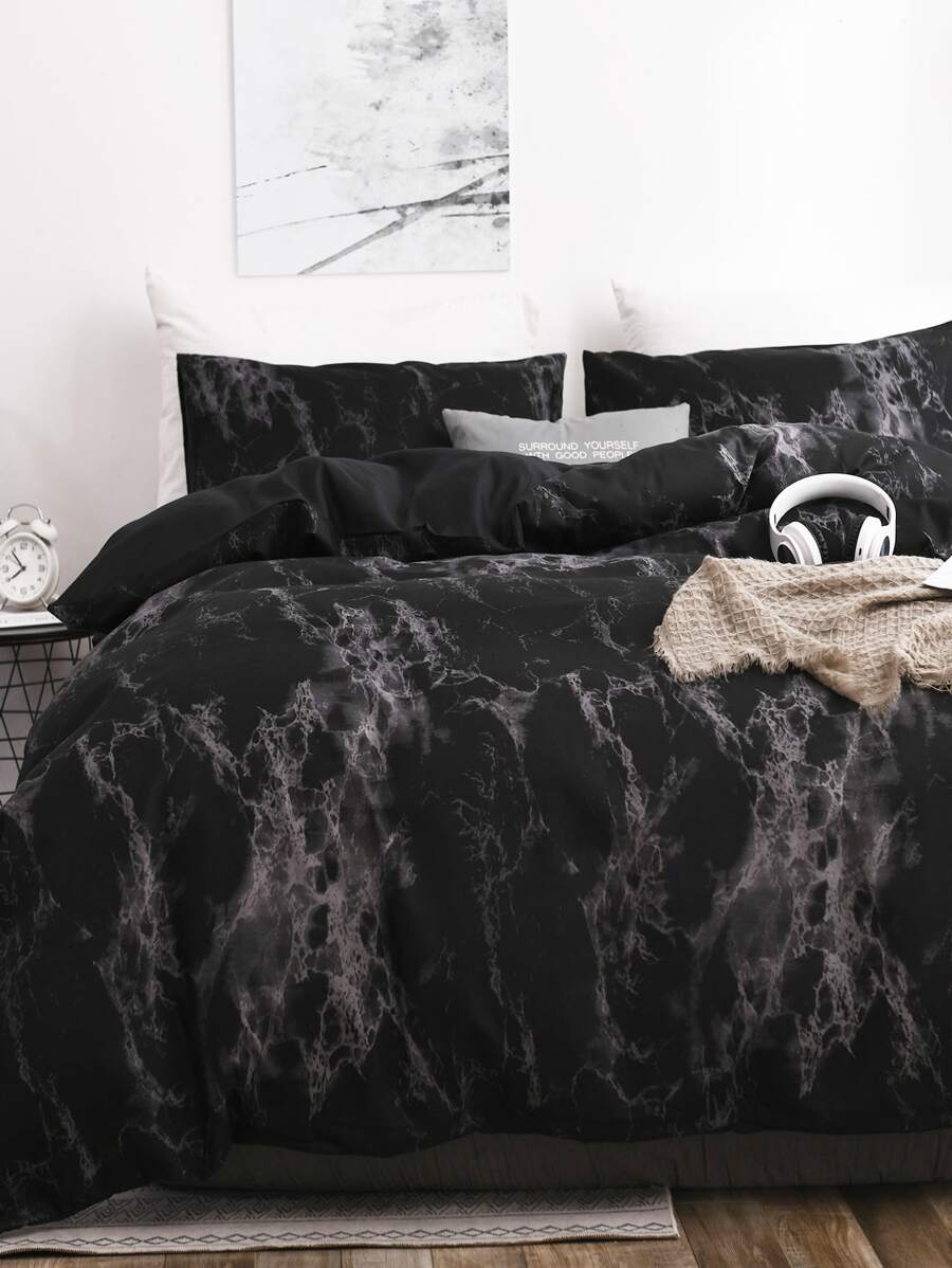 Bộ 3 vỏ chăn họa tiết đá cẩm thạch đen (1 vỏ chăn & 2 vỏ gối) Bộ chăn ga gối mềm mại và thân thiện với da cho gia đình, Bộ ga trải giường cho mọi mùa, Mùa cưới
