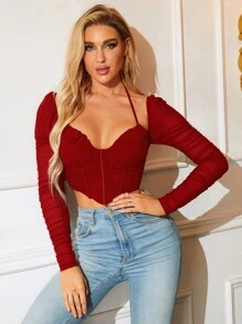 後背繫帶褶邊手帕下擺網紗短款腰封上衣 - 紅色 - 查看 1