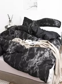 Bộ 3 vỏ chăn họa tiết đá cẩm thạch đen (1 vỏ chăn & 2 vỏ gối) Bộ chăn ga gối mềm mại và thân thiện với da cho gia đình, Bộ ga trải giường cho mọi mùa, Mùa cưới - màu đen - Xem 3