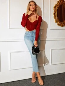 後背繫帶褶邊手帕下擺網紗短款腰封上衣 - 紅色 - 查看 5