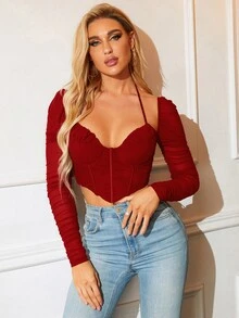 後背繫帶褶邊手帕下擺網紗短款腰封上衣 - 紅色 - 查看 8