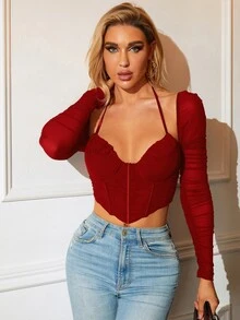 後背繫帶褶邊手帕下擺網紗短款腰封上衣 - 紅色 - 查看 6