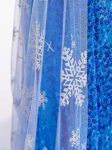 Toddler Girls Contrast Snowflake Mesh Rhinestone Decor Overlay Gown Dress