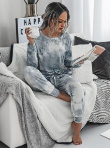 SHEIN LUNE Drop Shoulder Tie Dye Pullover & Joggers Set - Grey - View 4
