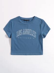 SHEIN EZwear Women's Summer Letter Print Round Neck Short Sleeve Casual T-Shirt - Dusty Blue - View 5