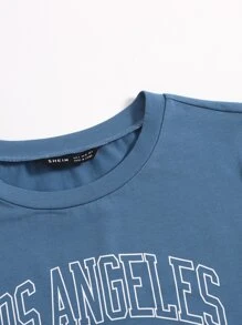 SHEIN EZwear Women's Summer Letter Print Round Neck Short Sleeve Casual T-Shirt - Dusty Blue - View 3