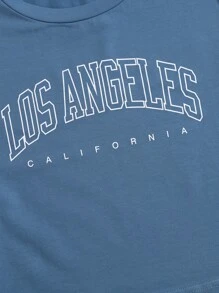 SHEIN EZwear Women's Summer Letter Print Round Neck Short Sleeve Casual T-Shirt - Dusty Blue - View 4