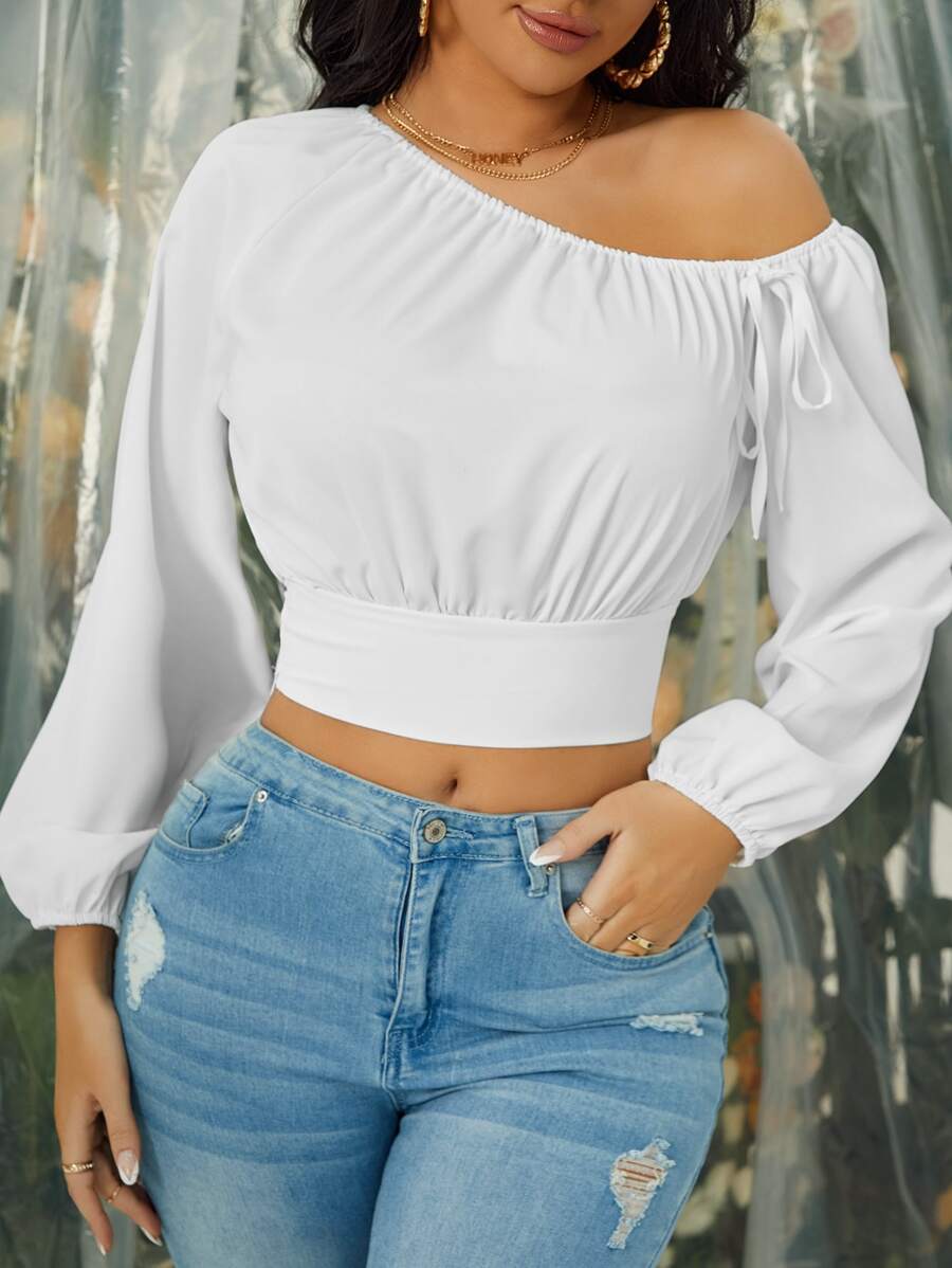 SHEIN SXY 不對稱領燈籠袖打結細節襯衫 - 白色 - 查看 1