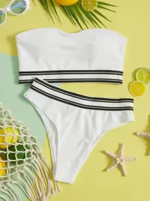 Striped Trim Bandeau Bikini Set For Summer Beach Vacation - White - View 1