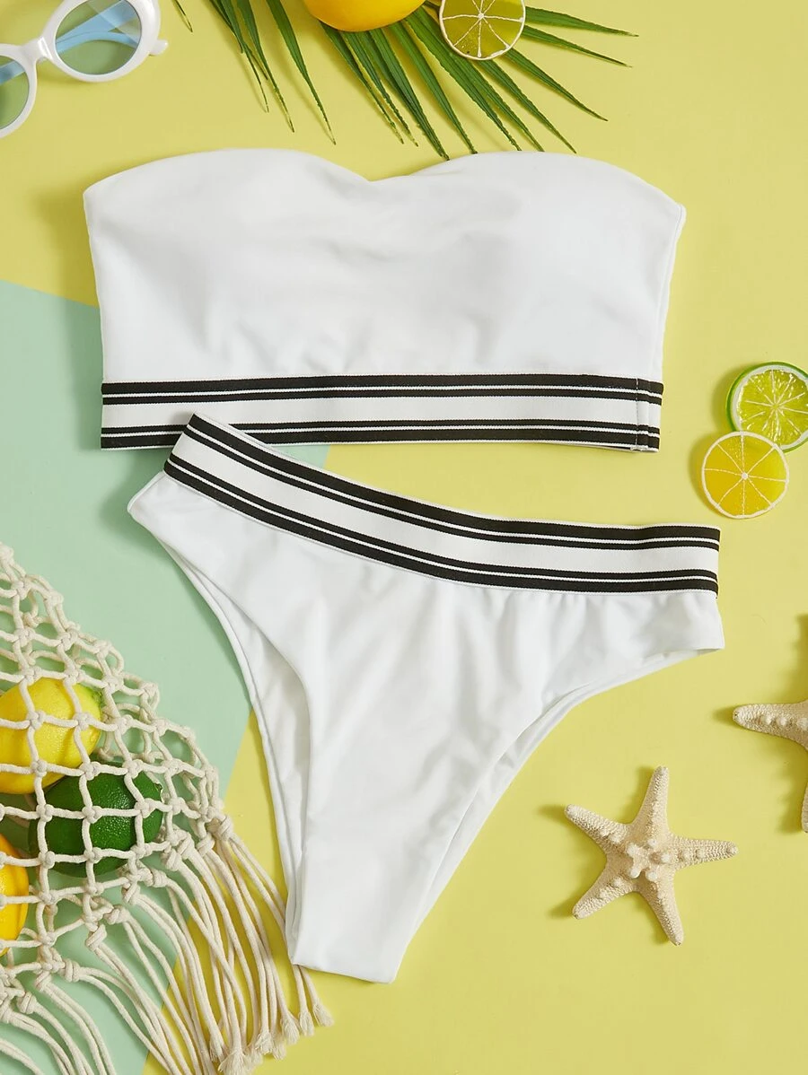 Striped Trim Bandeau Bikini Set For Summer Beach Vacation - White - View 1