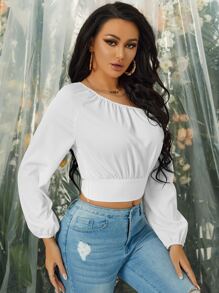 SHEIN SXY 不對稱領燈籠袖打結細節襯衫 - 白色 - 查看 4