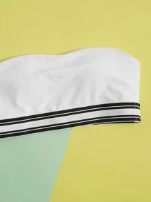 Striped Trim Bandeau Bikini Set For Summer Beach Vacation - White - View 3