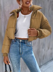 SHEIN Unity 斜口袋拉链落肩短款加厚棉服外套衣服冬季 - 卡其色 - 查看 1