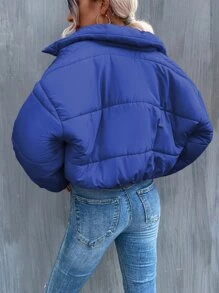 SHEIN Unity Slant Pocket Zipper Drop Shoulder Crop Padded Padded Coat Clothes Winter - Royal Blue - View 2