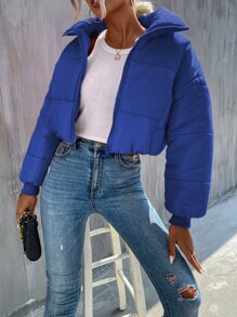 SHEIN Unity Slant Pocket Zipper Drop Shoulder Crop Padded Padded Coat Clothes Winter - Royal Blue - View 3