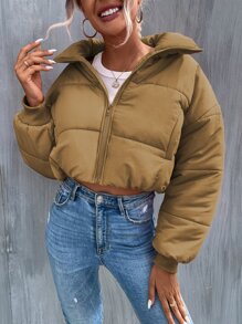 SHEIN Unity 斜口袋拉链落肩短款加厚棉服外套衣服冬季 - 卡其色 - 查看 3