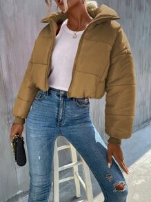 SHEIN Unity 斜口袋拉链落肩短款加厚棉服外套衣服冬季 - 卡其色 - 查看 4