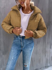 SHEIN Unity 斜口袋拉链落肩短款加厚棉服外套衣服冬季 - 卡其色 - 查看 5