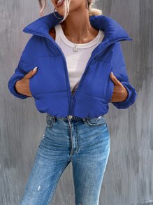 SHEIN Unity Slant Pocket Zipper Drop Shoulder Crop Padded Padded Coat Clothes Winter - Royal Blue - View 6