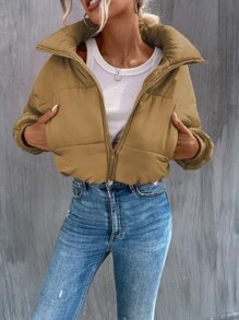 SHEIN Unity 斜口袋拉链落肩短款加厚棉服外套衣服冬季 - 卡其色 - 查看 6
