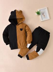 SHEIN Toddler Boys Colour Block Bear Embroidered 3D Patched Hoodie & Joggers - Multicolor - View 1