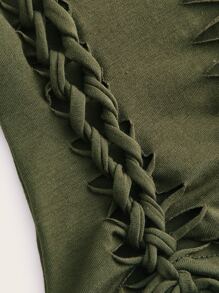 SHEIN ICON 頹廢搖滾前打結梯狀鏤空T恤 - 軍綠色 - 查看 3