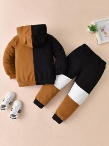 SHEIN Toddler Boys Colour Block Bear Embroidered 3D Patched Hoodie & Joggers - Multicolor - View 2