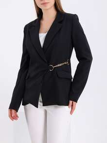 EURMUSE Blazer con cadena con diseño de aro de cuello con solapa - Negro - Ver 3