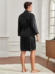 Hombres Bata de dormir ribete en contraste con doble bolsillo con cinturón - Negro - Ver 2