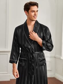 Hombres Bata de dormir ribete en contraste con doble bolsillo con cinturón - Negro - Ver 4