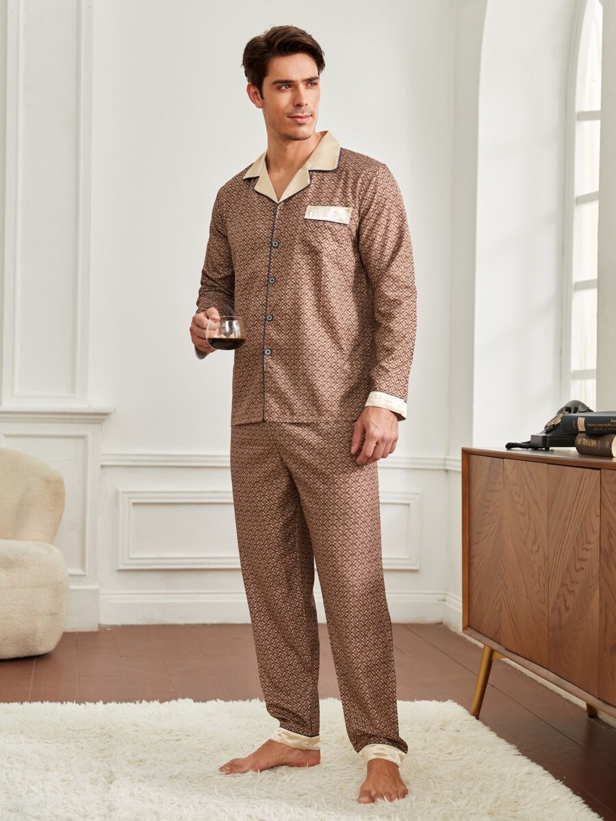 Men Allover Print Piping Trim PJ Set - Brown - View 1