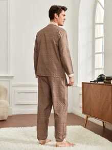 Men Allover Print Piping Trim PJ Set - Brown - View 2