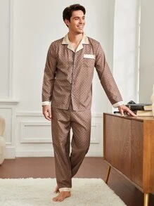 Men Allover Print Piping Trim PJ Set - Brown - View 3