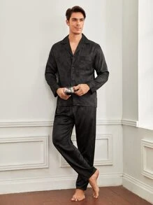 Hombres Conjunto de pijama jacquard con parche con bolsillo con botón delantero - Negro - Ver 3