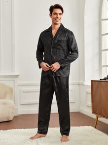 Hombres Conjunto de pijama jacquard con parche con bolsillo con botón delantero - Negro - Ver 1