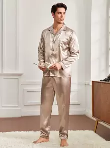 Men Piping Trim Patched Pocket Lounge Set, Fall Clothes - Khaki - View 1