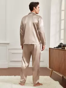 Men Piping Trim Patched Pocket Lounge Set, Fall Clothes - Khaki - View 2