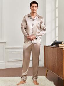 Men Piping Trim Patched Pocket Lounge Set, Fall Clothes - Khaki - View 3