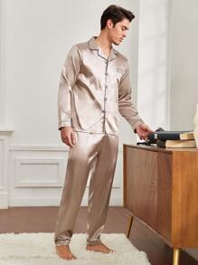 Men Piping Trim Patched Pocket Lounge Set, Fall Clothes - Khaki - View 4
