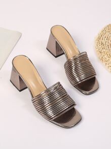 女士编织带高跟凉鞋，青铜色，百搭舒适，粗跟套脚凉鞋，适合派对、度假、海滩等场合，简约优雅设计。