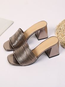 女士编织带高跟凉鞋，青铜色，百搭舒适，粗跟套脚凉鞋，适合派对、度假、海滩等场合，简约优雅设计。