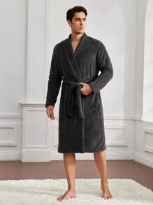 Men's Casual Dark Grey Knee Length V Neck Plain Belted Robe, Soft And Comfortable Loungewear For Relaxation At Home
