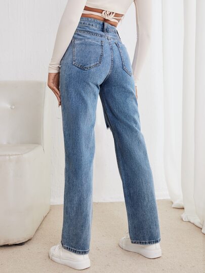 High Waist Straight Leg Ripped Jeans